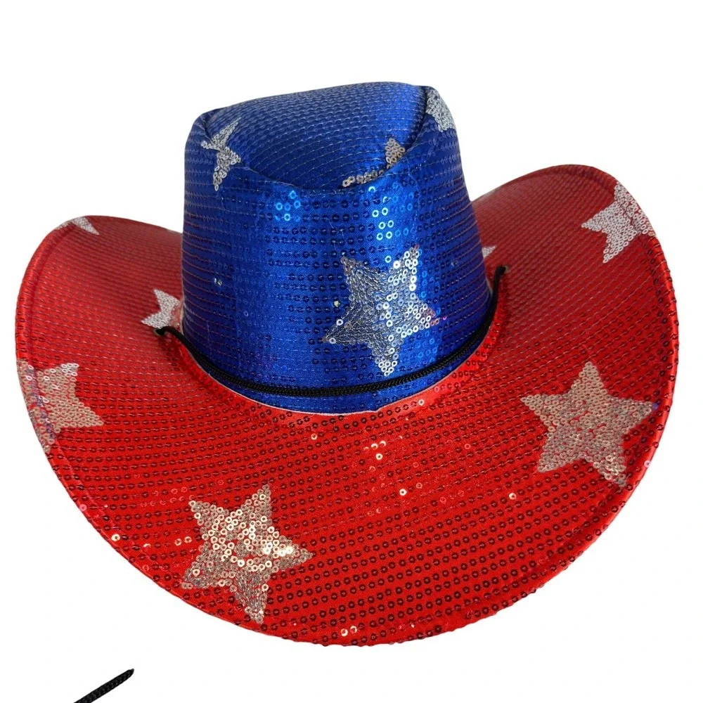 Patriotic LED Light Up Sequin Cowboy Hat Red White Blue Stars 4th of July Party
